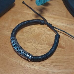 Mens Black Leather Silvertone Adjustable Bracelet